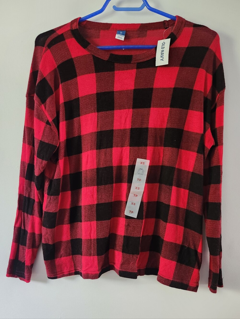 Old Navy Black Red Checkerboard, Long Sleeve Top, Wide Crew Neck, Stretchy